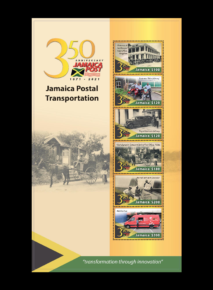Jamaica 350th Anniversary of the Postal Service 6 Value  Sheetlet